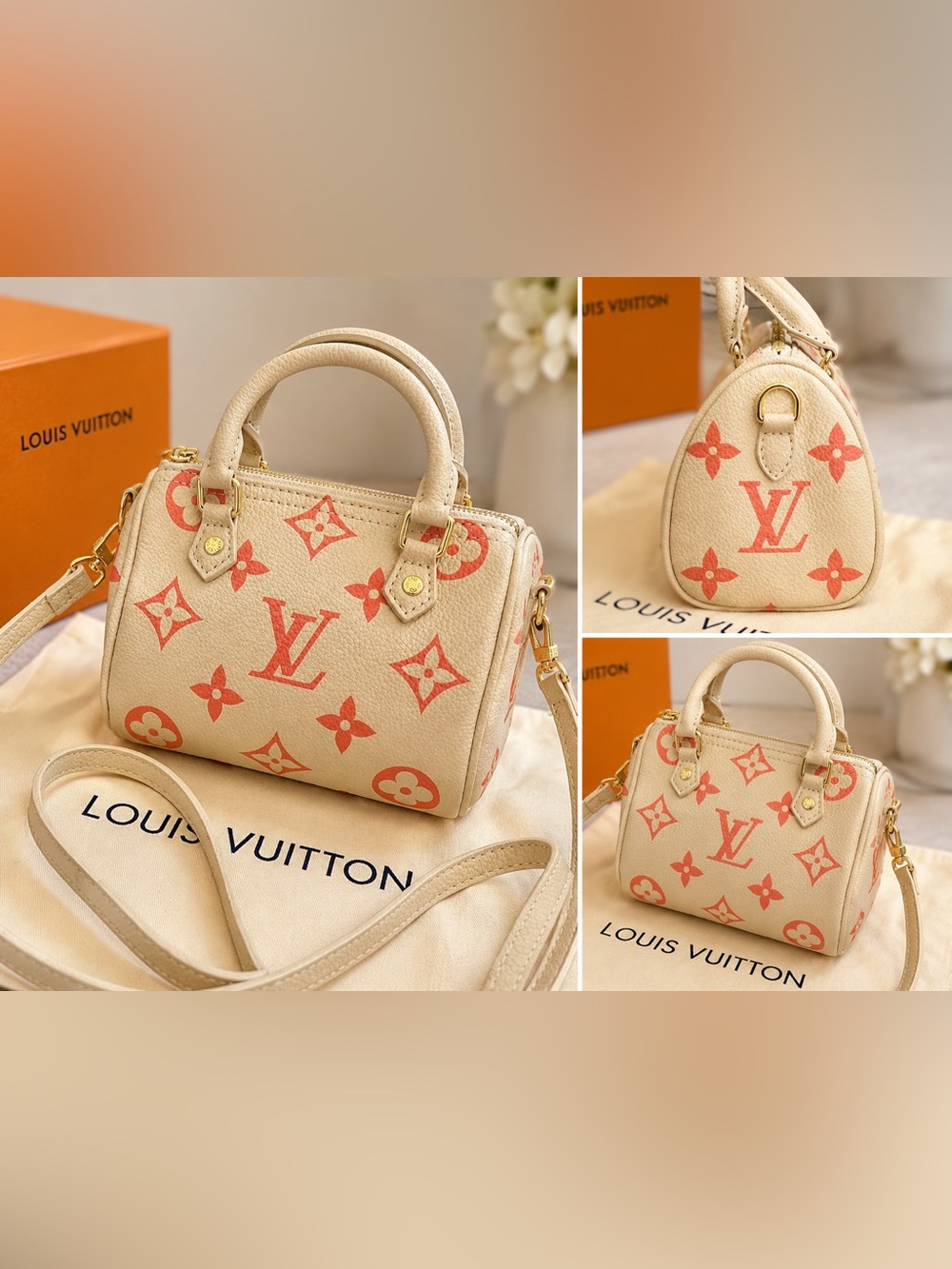 Source Unknown Beige Mini Satchel with Coral Monogram